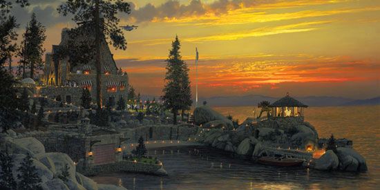 William Phillips Handsigned and Numbered Limited Edition Giclee on Canvas:"An Evening to Remember at Thunderbird Lodge, Lake Tahoe"