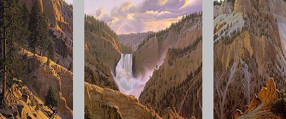 Wilson Hurley Artist Signed Limited Edition Triptych Canvas Giclee: "The Wyoming Suite - Lower Falls at Yellowstone (3-Piece Set)"