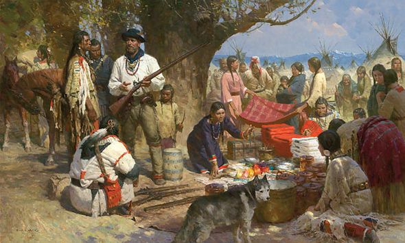 Z.S. Liang Handsigned and Numbered MasterWork&trade;Canvas Giclee:"Trading with the Blackfeet, Montana Territory, 1860"