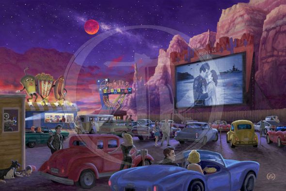 Zachary Kinkade Limited Edition Giclee on Canvas:"Movie Night on Route 66 - Romance at the Drive-In"