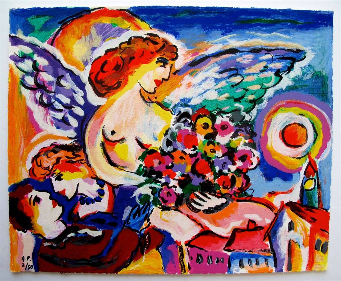 Zamy Steynovitz Limited Edition Serigraph:"Angel With Flowers Lovers"