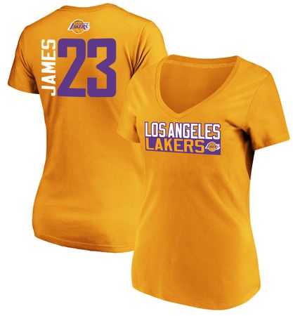 Ladies Lebron James Los Angeles Lakers Gold Vertical V Neck T Shirt on Sale