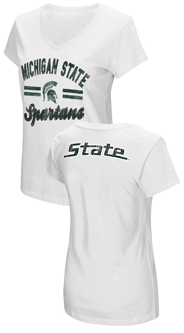 Women's Michigan State Spartans Junior Sized White Hurdle V Neck T Shirt Michigan State