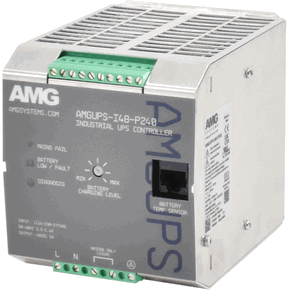 (Click to Enlarge) AMG SYSTEMS [AMGUPS-I48-P240] - >> INDUSTRIAL UPS 48VDC 240W (5A) 48 VDC 240W (5A) INDUSTRIAL UNITERRUPTIBLE POWER SUPPLY (UPS) INTEGRATED 5A BATTERY CHARGER SUPPORTING LEAD ACID GEL & LITHIUM BATTERY TYPES DIN-RAIL MOUNTING -25C TO  + 70C MULTIPLE FAULT