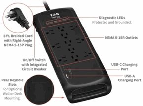 (Click to Enlarge) EATON [TLP118DBUC] - >> PROTECT IT  11-OUTLET SURGE PROTECTOR - PROTECT IT  11-OUTLET SURGE PROTECTOR 5-15R OUTLETS 4200 JOULES 2 USB CHARGING PORTS 8 FT. (2.4 M) BRAIDED CORD BLACK (ITEM ALSO KNOWN AS : POW-TLP118DBUC) [TLP118DBUC]