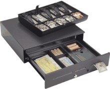 (Click to Enlarge) MMF CASH DRAWER [ADV-1M163-04] - MMF  ADVANTAGE  MANUAL CASH DRAWER  18W X 16.7D  4 BILL/6 COIN  CANADIAN TILL  BLACK [ADV-1M163-04]