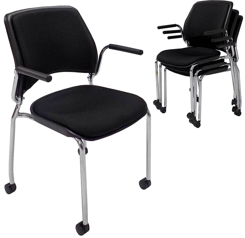 Mobile Stack Chair 300 Lbs. Capacity Black Padded Mobile Stacking Chair with Armrests