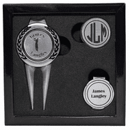 Personalized Divot Tool / Hat Clip Golf Ball Marker Set - Pewter