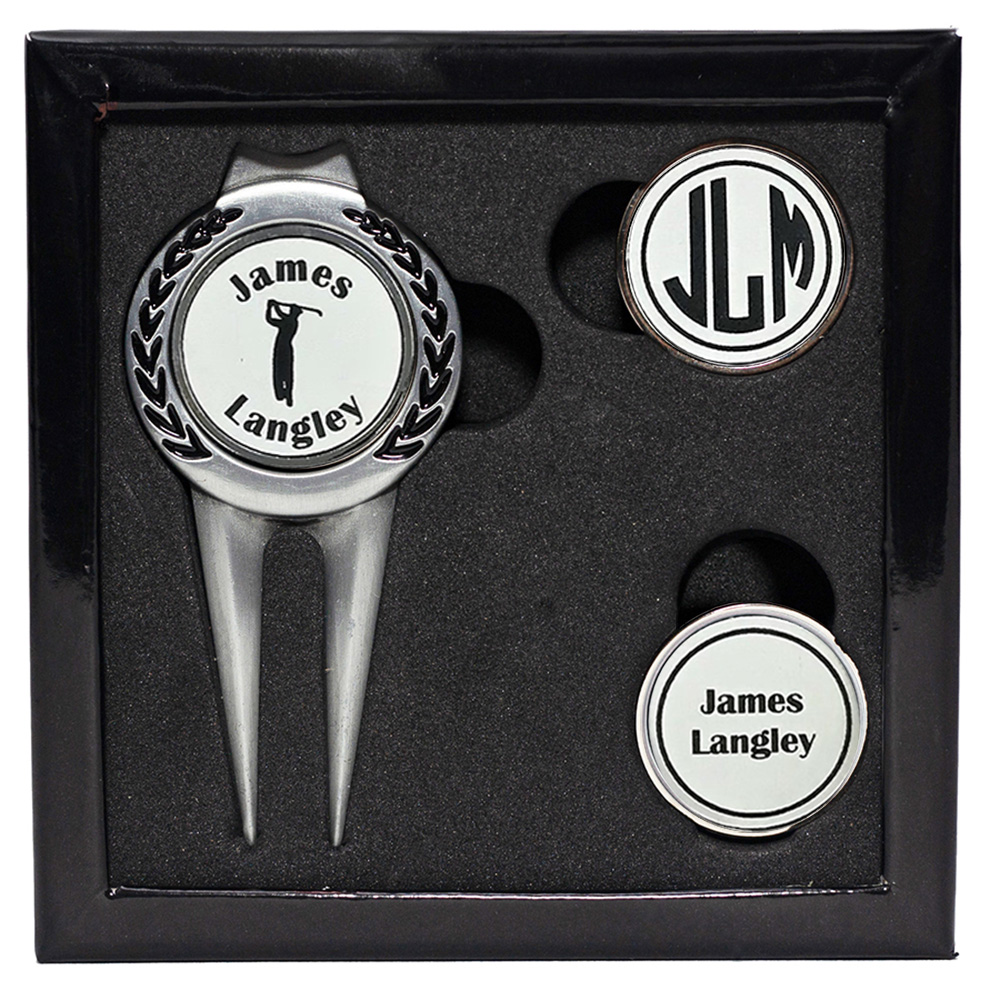 Personalized Divot Tool Golf Ball Marker Set White