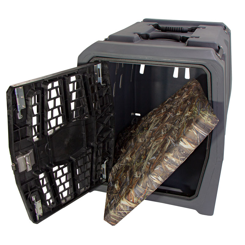 DRT Camo Crate Cushion Installed in Lucky Duck Intermediate Kennel 