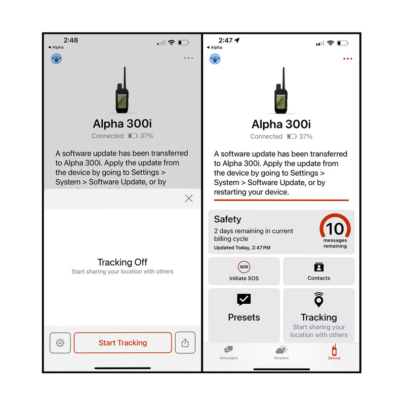 Garmin Alpha LTE App Screen Details