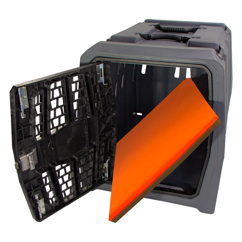 Orange / Coyote Brown Crate Cushion Installed in Lucky Duck Intermediate Kennel