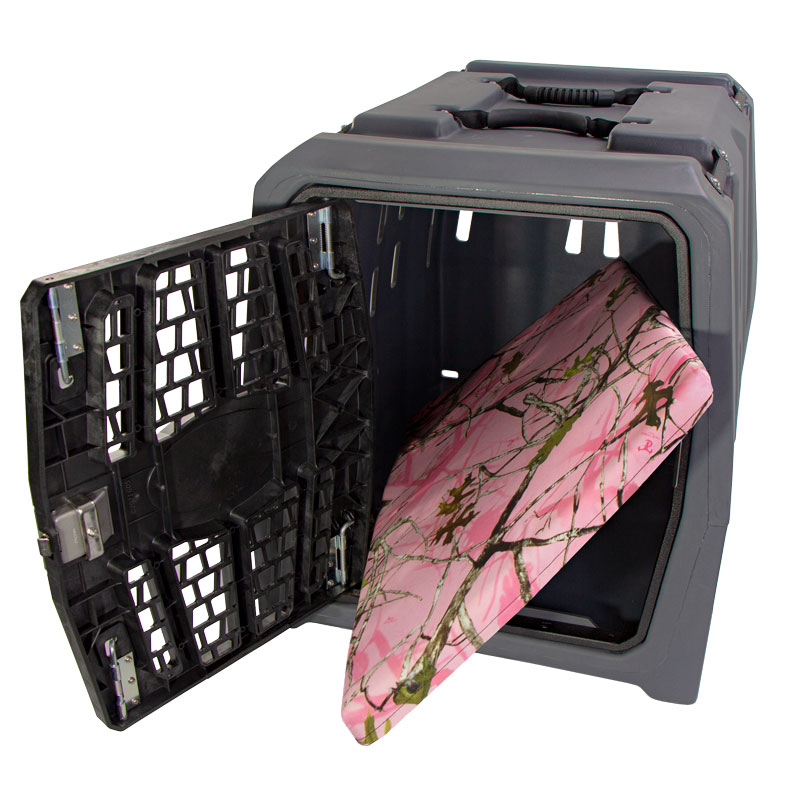 Pink Camo Crate Cushion Installed in Lucky Duck Intermediate Kennel 