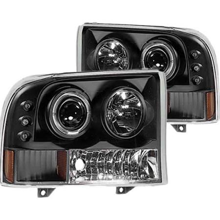 Chrome Excursion Halo DRL Headlights For 1999-2004 Ford F250 F350 Super Duty - Clear Lens, Pair, By Transmotor2013-692694