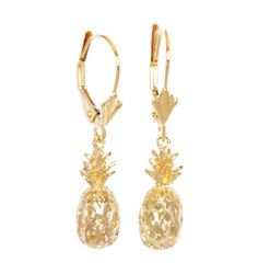 14K Gold Pineapple Leverback Dangle Earrings Hawaii