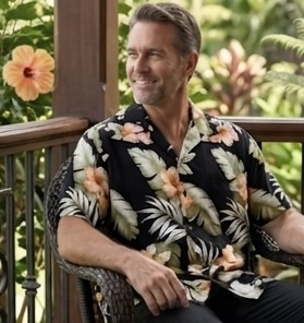 Black Hawaiian Shirt with Orange Hibiscus Black Hawaiian Shirt with Orange Hibiscus