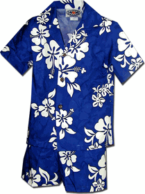 Boys Outfit Hawaiian White Hibiscus in Blue