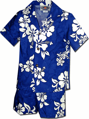 Boys Outfit Hawaiian White Hibiscus in Blue