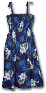Cotton Dresses Hawaiian Tube Hibiscus Islands Navy