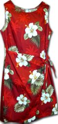 Cotton Hawaiian Dresses Red Sarong Hibiscus Islands