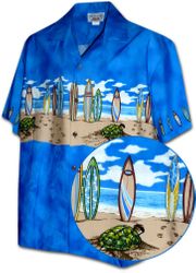 Cotton Hawaiian Shirt Turtle Beach Surfboards Blue