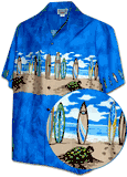 Cotton Hawaiian Shirt Turtle Beach Surfboards Blue