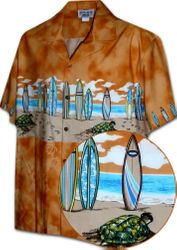 Cotton Hawaiian Shirt Turtle Beach Surfboards Orange