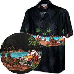 Cruisin Hawaiian Santa Men's Christmas Shirt Black