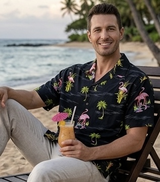 Flamingo in the ponds Men's Tropical Shirts Black
