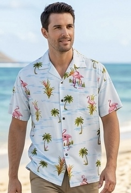 Flamingo in the ponds Men's Tropical Shirts White