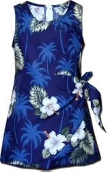 Girls Sarong Hawaiian Dress Hibiscus Island Navy