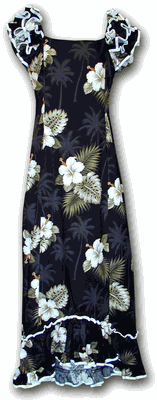Hawaiian Muumuu Hibiscus Island Black Long Style