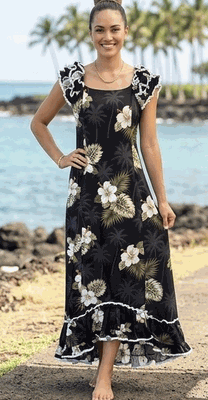 Hawaiian Muumuu Hibiscus Island Black Long Style Hawaiian Muumuu Hibiscus Island Black Long Style