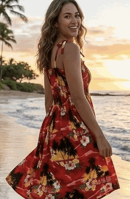 Hawaiian Smocked Dress Red Waikiki Sunset