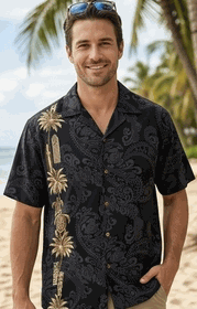 Hawaiian Tiki Panel Aloha Shirt Black Hawaiian Tiki Panel Aloha Shirt Black
