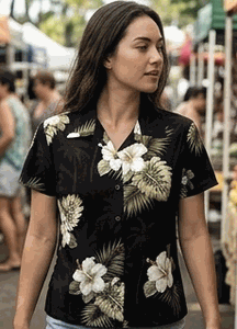 Hibiscus Island Ladies Aloha Shirts Black