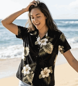 Hibiscus Island Ladies Aloha Shirts Black