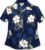 Hibiscus Island Ladies Aloha Shirts Navy