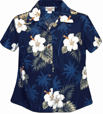 Hibiscus Island Ladies Aloha Shirts Navy