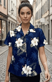 Hibiscus Island Ladies Aloha Shirts Navy