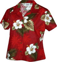 Hibiscus Island Ladies Aloha Shirts Red