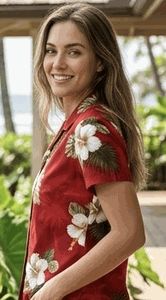 Hibiscus Island Ladies Aloha Shirts Red