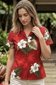 Hibiscus Island Ladies Aloha Shirts Red