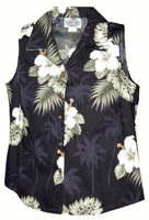 Hibiscus Island Ladies Sleeveless Black Hawaiian Shirt