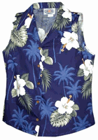 Hibiscus Island Ladies Sleeveless Navy Hawaiian Shirts