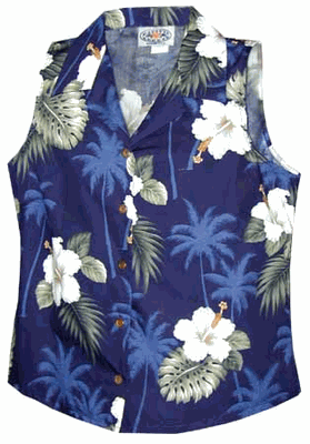 Hibiscus Island Ladies Sleeveless Navy Hawaiian Shirts