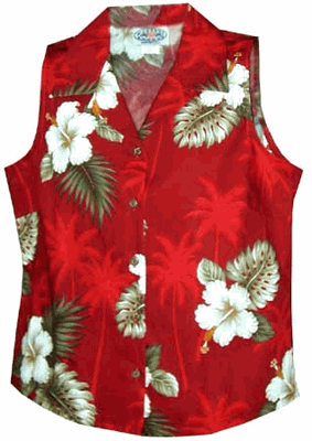 Hibiscus Island Ladies Sleeveless Red Hawaiian Shirt