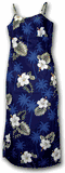 Hibiscus Islands Long Spaghetti Navy Hawaii Dress