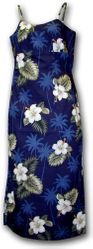Hibiscus Islands Long Spaghetti Navy Hawaii Dress