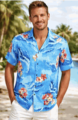 Hibiscus Wave Men's Tropical Shirt 3902Blue